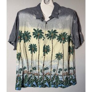 Batik Bay Shirt Men 2XL XXL Blue Cream Palm Tree Pineapple Hawaiian Rayon